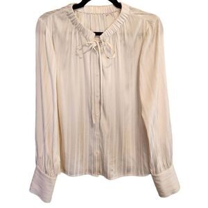 FRAME- Women’s Shirred Silk Neck-Tie Blouse in Off White, Size Large